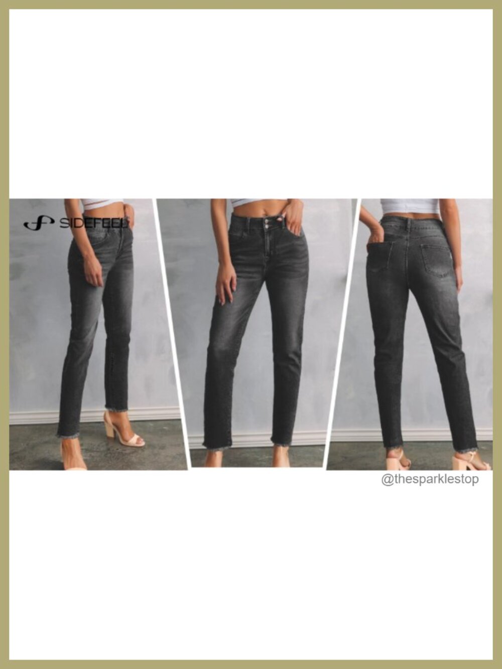 High Waisted Raw Hem Straight Leg Jeans | Double Button Tummy Control Stretch - Picture 6 of 6